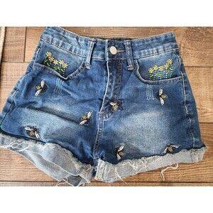 Romwe Embroidered Bees Flowers Spring Denim Shorts Womens 2 XSMALL